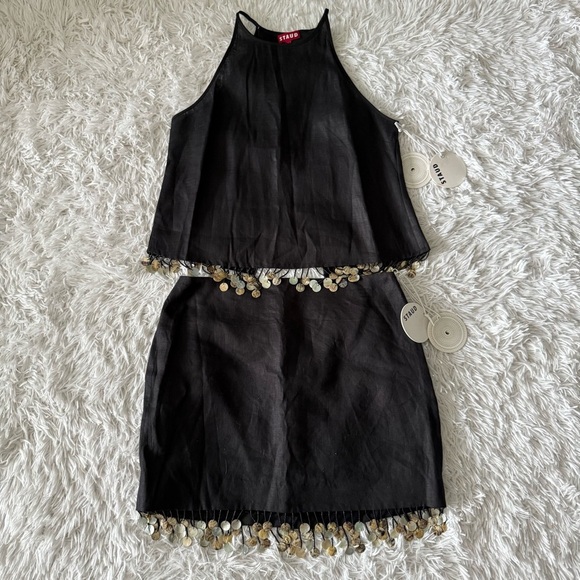 NWT STAUD Black Linen Matching Skirt Set with Beaded Fringe Size 8 - Picture 6 of 10